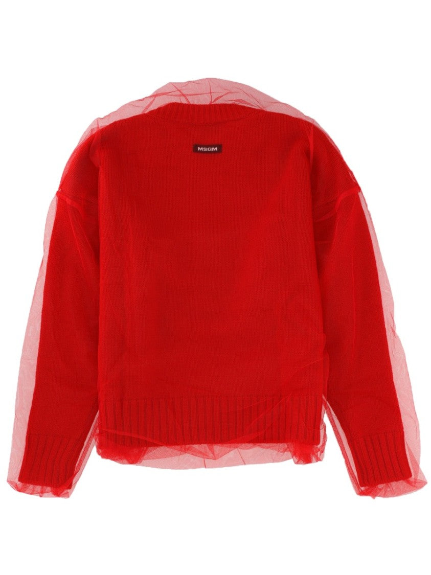 Msgm Red Merino Wool Tulle Sweater