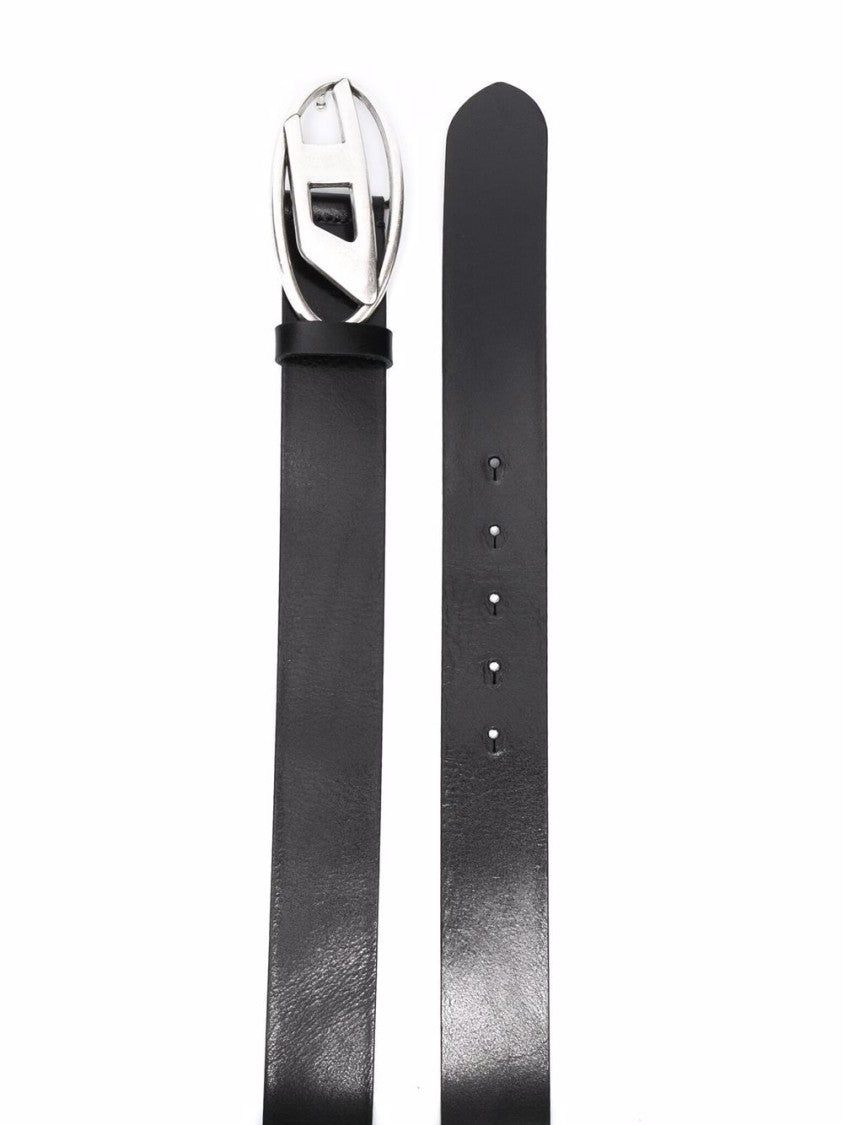 Diesel Black Leather Belt With Oval Silver-Tone Buckle