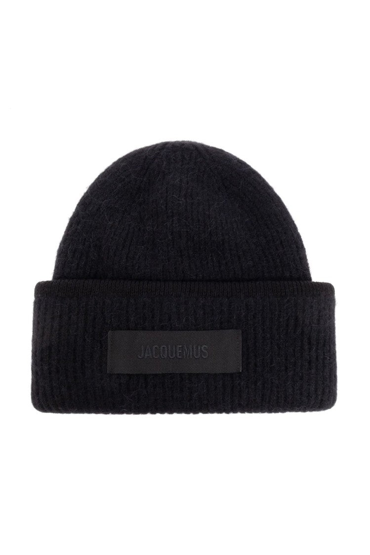 Jacquemus Ribbed Black Beanie Hat With Subtle Patch Detail