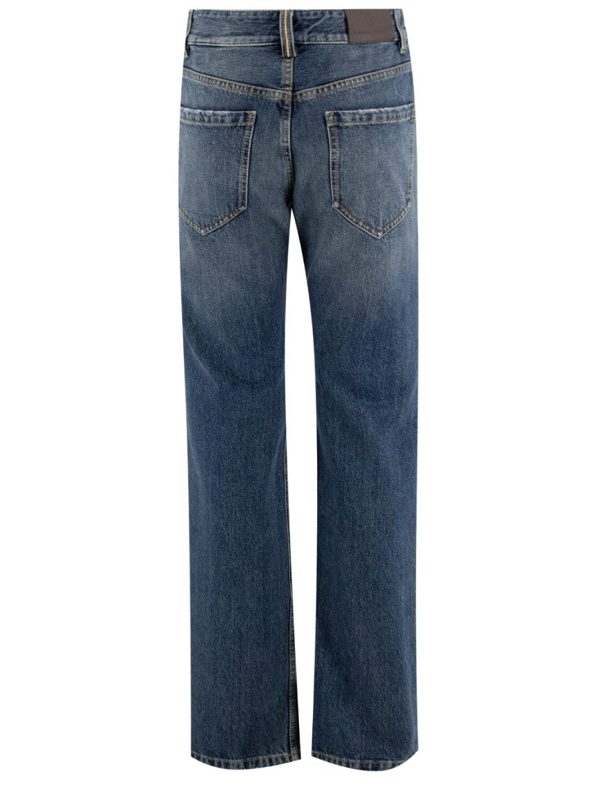 Brunello Cucinelli Tapered Blue Denim Trousers With Jewel Embroidery