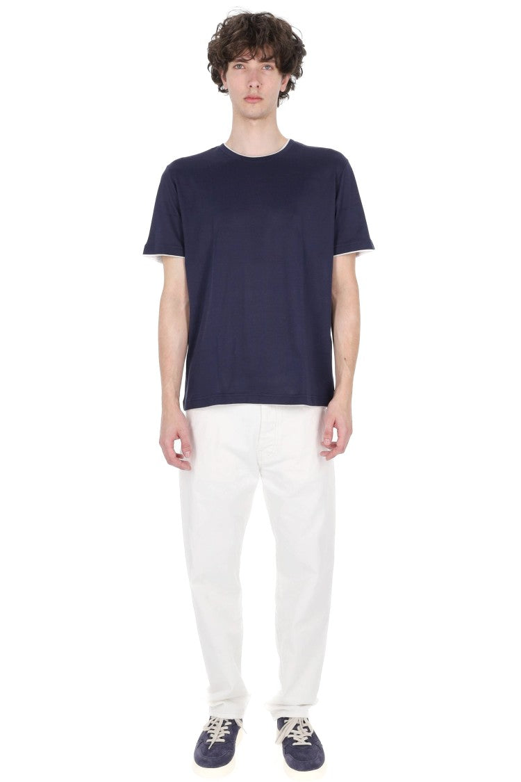 Eleventy Blue Double-Trim Cotton T-Shirt