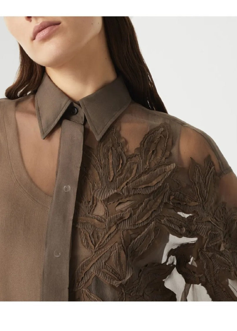 Brunello Cucinelli Long-Sleeve Sheer Shirt With Embroidered Leaf Design