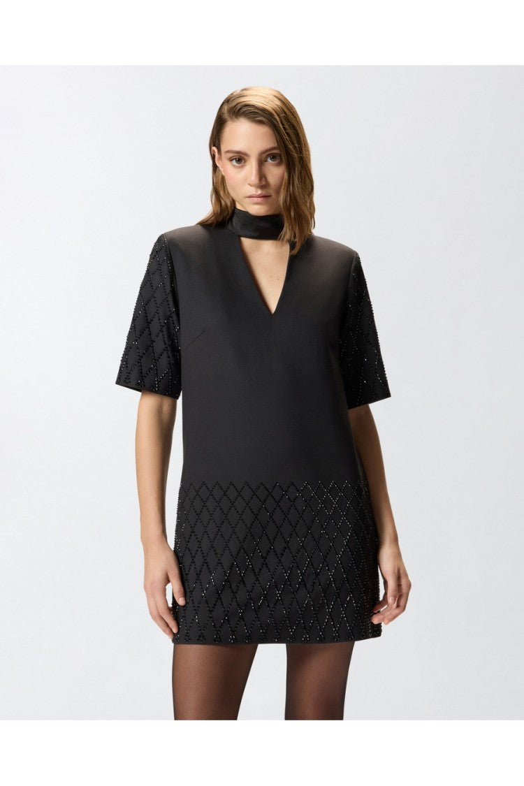 Pinko Black Polyester-Viscose Diamond-Pattern Mini Dress