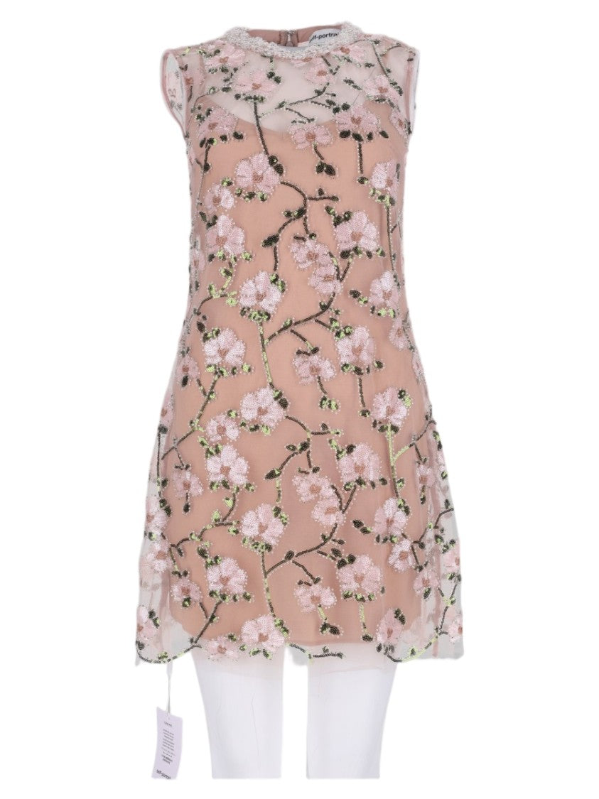 Self-Portrait Pink Floral Embroidered Sheer Overlay Polyester Mini Dress