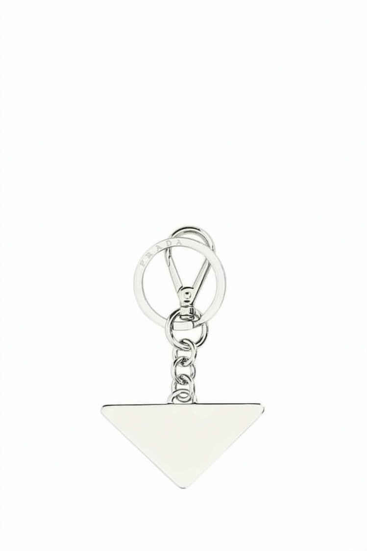 Prada Triangular Pendant Metal Keyring With Polished Silver Finish