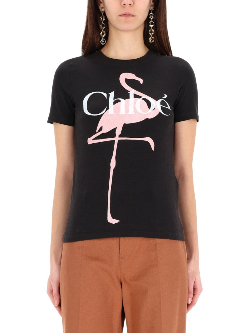 Chloé Flamingo Graphic Crew Neck Cotton T-Shirt