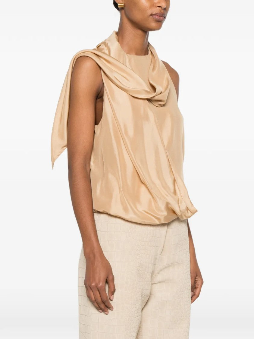 Alberta Ferretti Asymmetrical Satin Top With Draped Cowl Neckline