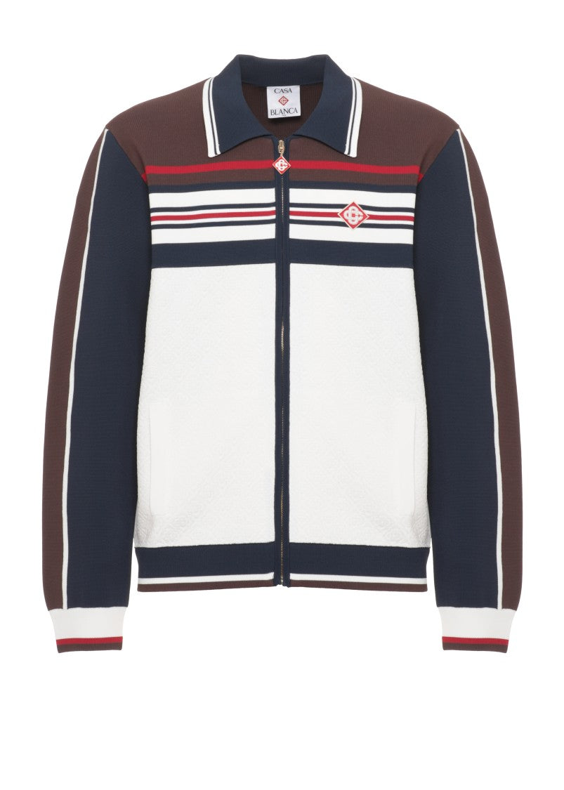 Casablanca White Textured Zip Front Sweatshirt With Logo Accents