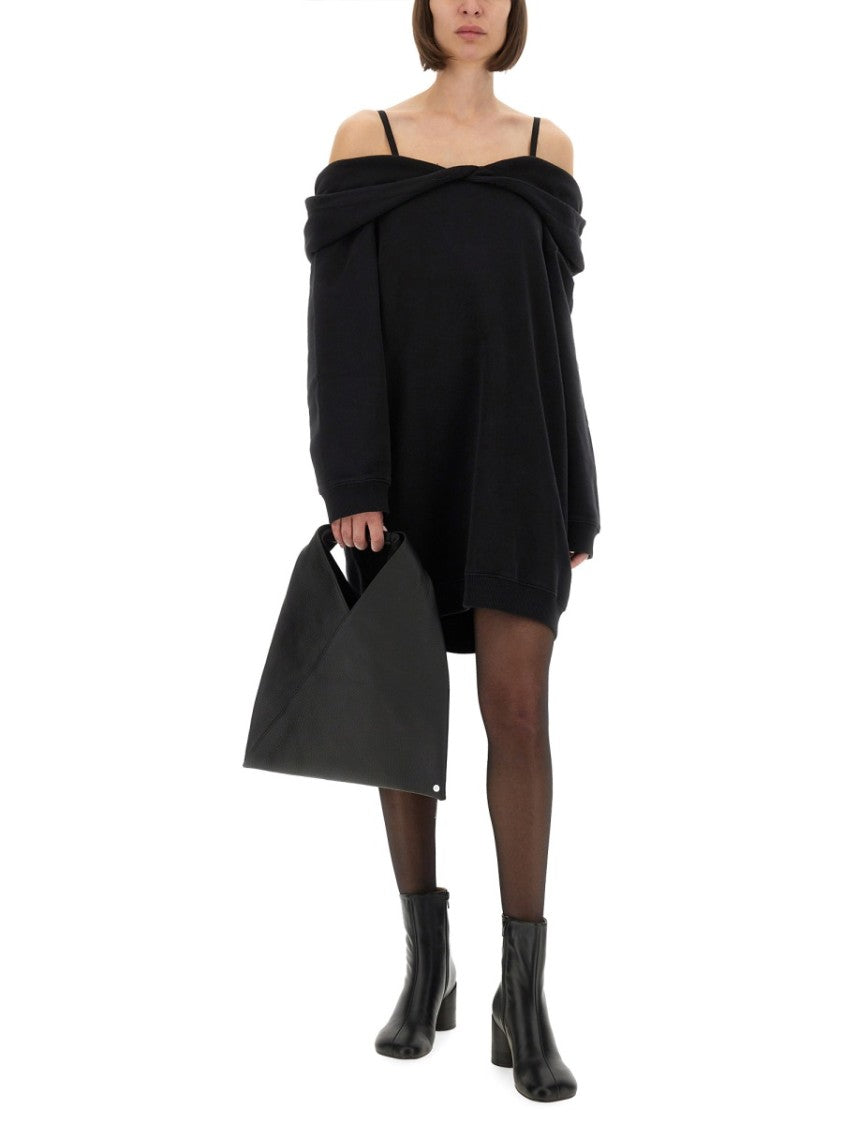 Mm6 By Maison Margiela Off-Shoulder Black Sweatshirt Dress With Cozy Hood