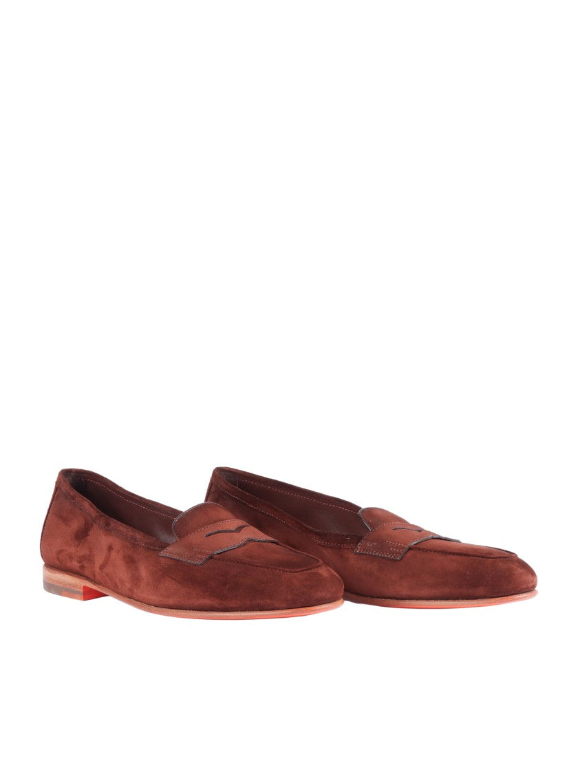 Santoni Brown Carla Suede Minimalist Loafers