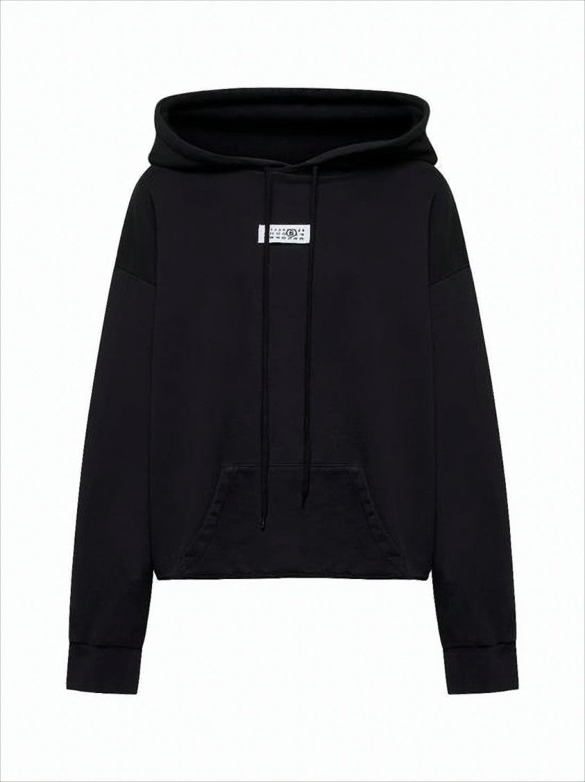 Mm6 By Maison Margiela Cropped Black Cotton Hoodie With Distinctive Logo Patch