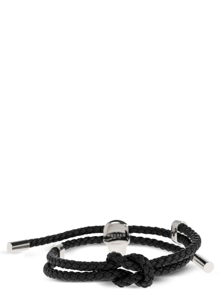 Mcqueen Braided Leather Bracelet With Polished Silver Skull Pendant