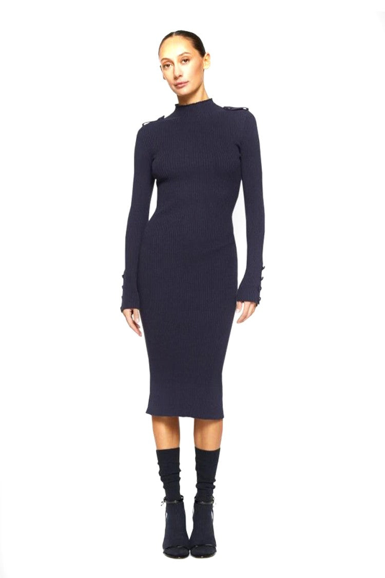 Dondup Fitted Blue Midi Dress With Ribbed Texture