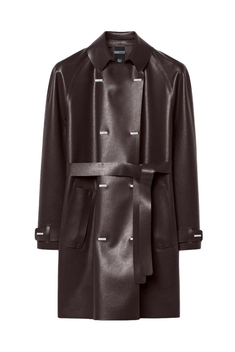 Rrd Dark Brown Glossy Double-Breasted Belted Trench Coat