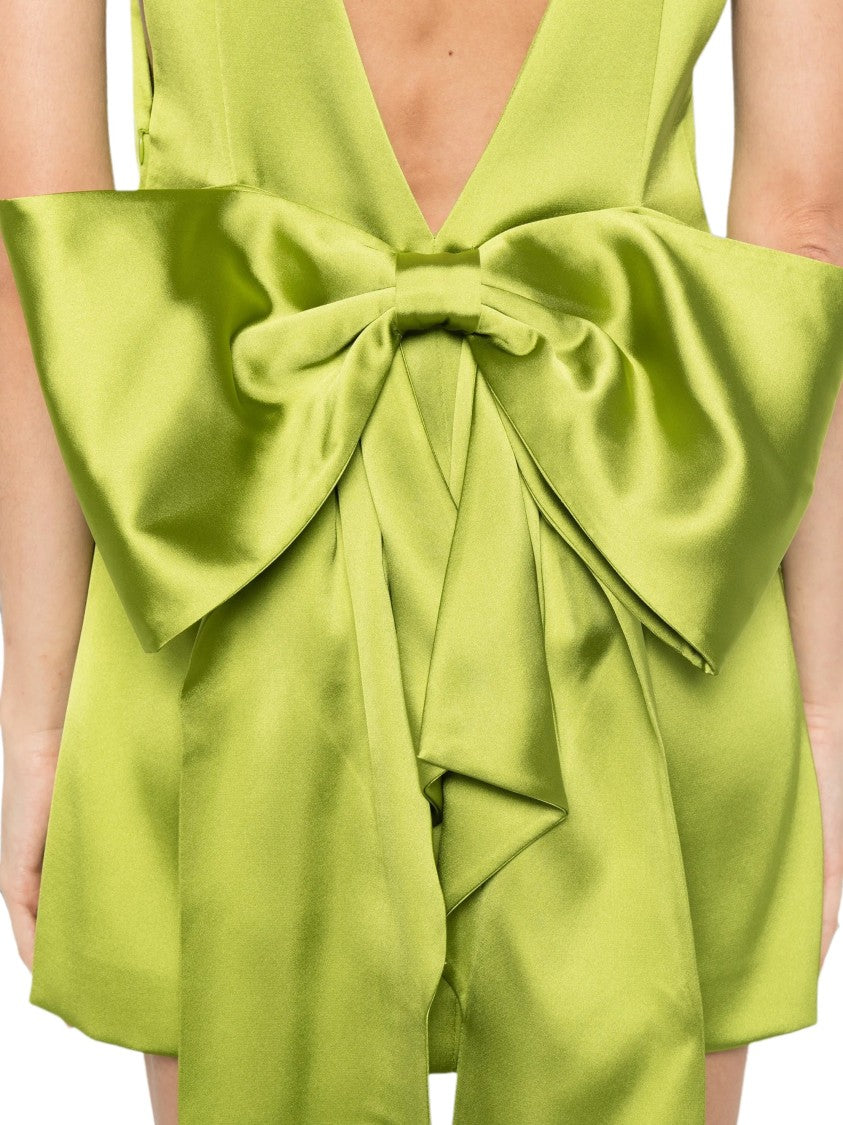 Self-Portrait Satin-Like Lime Green Mini Dress With Structured Bow Detail
