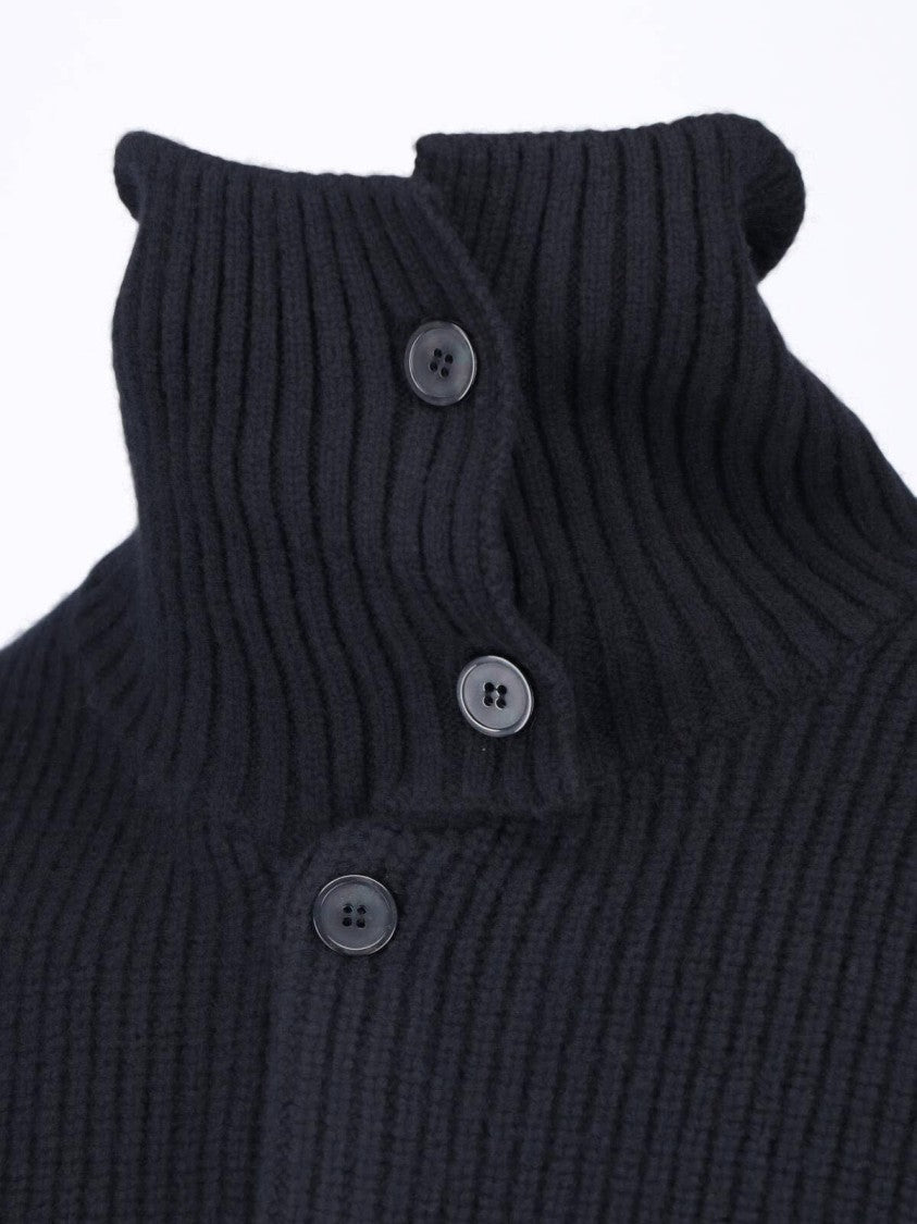 Tonywack Black Ribbed Asymmetrical Collar Merino Wool-Blend Cardigan