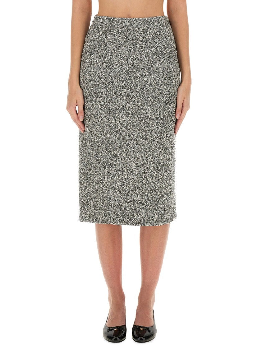 Tory Burch Mid-Calf Tweed Skirt With Textured Fabric And Smooth Waistband