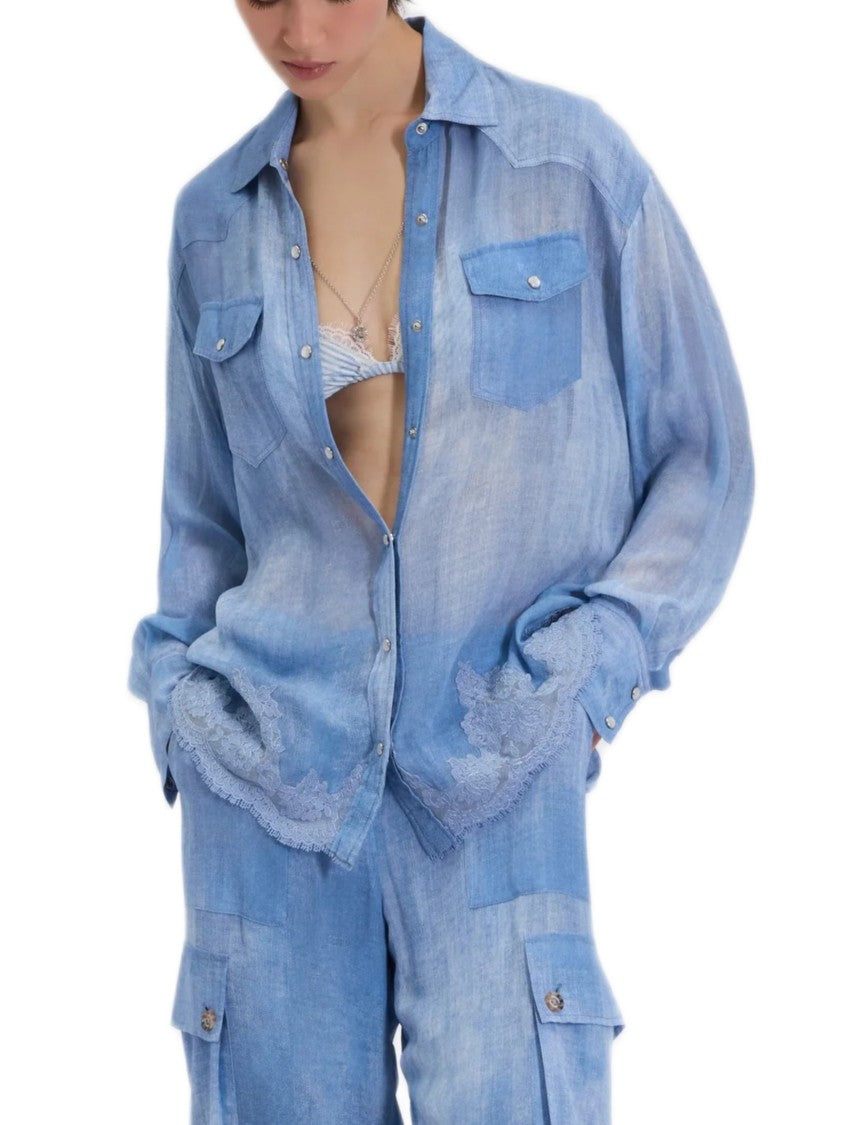 Ermanno Firenze Denim-Inspired Georgette Shirt With Lace Trim And Pearl Snap Buttons
