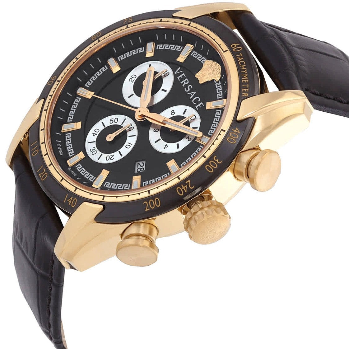 Versace Bold Round Dial Watch With Textured Leather Strap