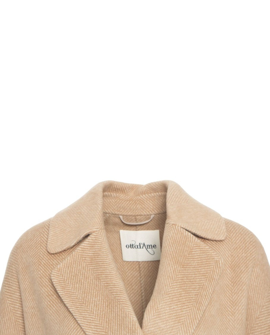 Ottod'ame Beige Long Coat With Classic Notched Collar And Waist Tie
