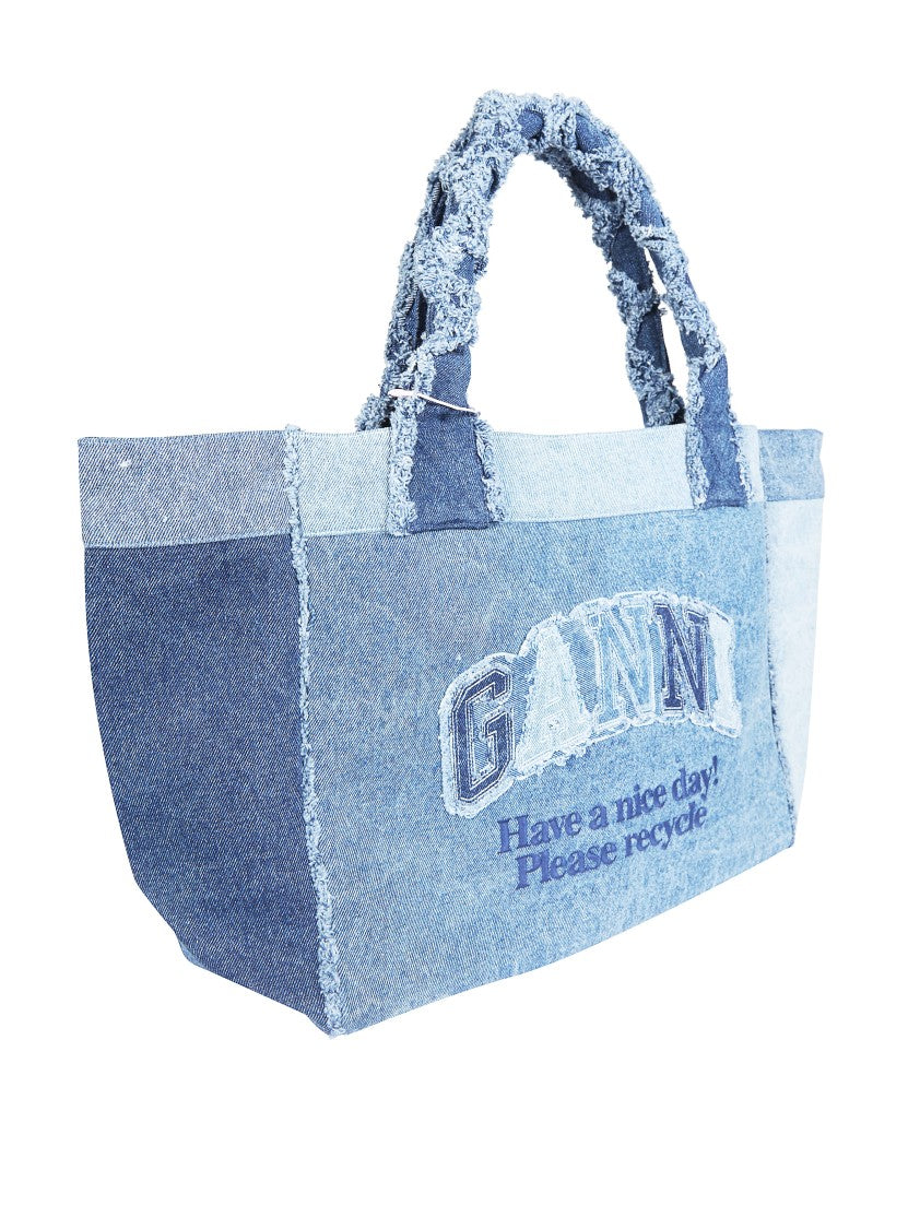 Ganni Patchwork Denim Frayed Edges Tote Bag