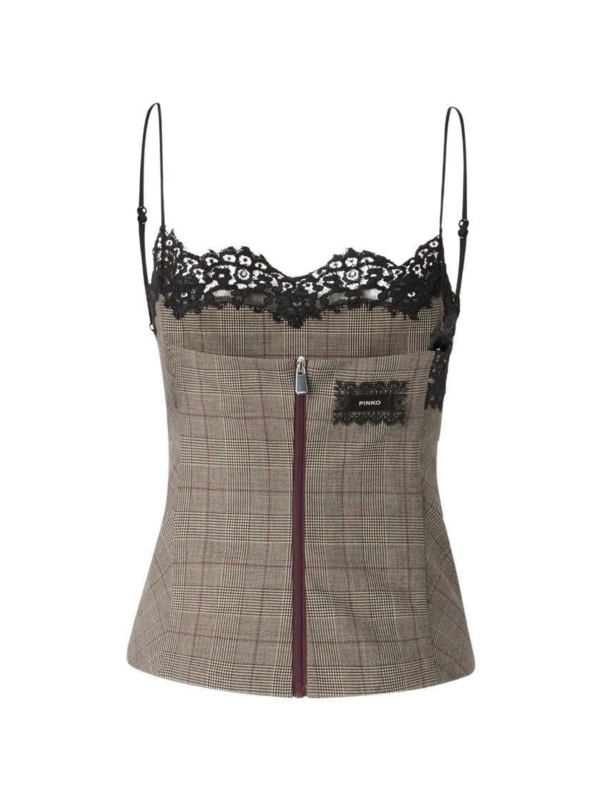 Pinko Telipogon Checked Lace-Trimmed Camisole Top