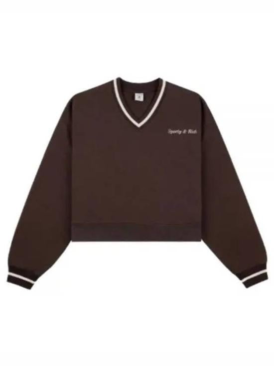 Sporty And Rich Cropped Long-Sleeve Cotton Top With V-Neckline