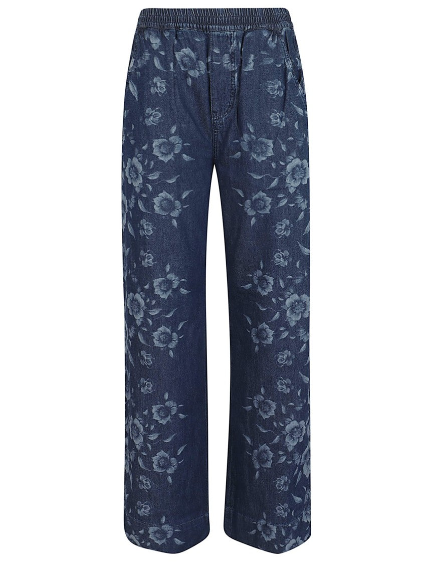 Pinko Light Denim Trousers With Floral Motif And High-Waisted Design