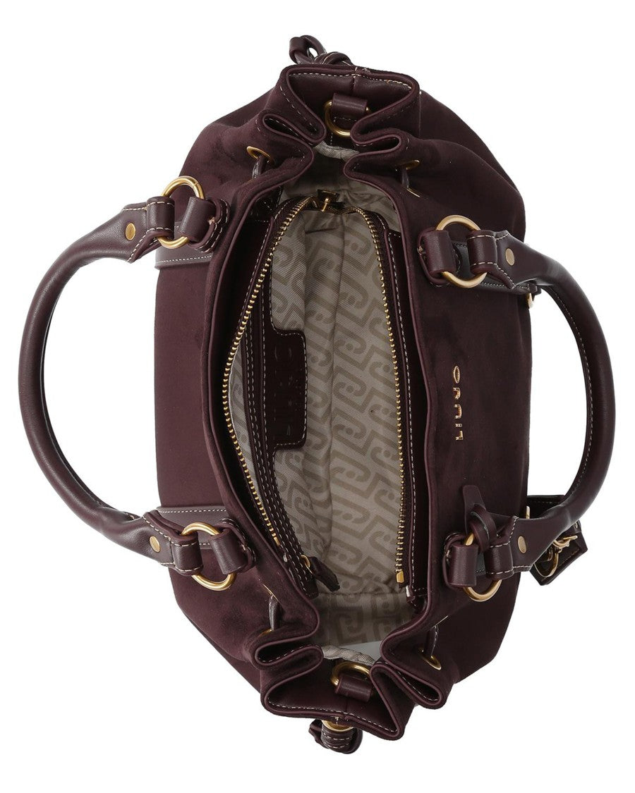Liu Jo Gathered Red Aubergine Microfiber Handbag With Gold Accents