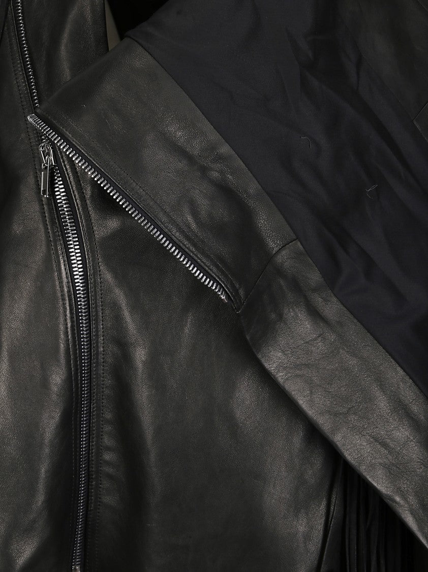 Rick Owens Fringed Leather Biker Jacket With Contrast Zip Closure