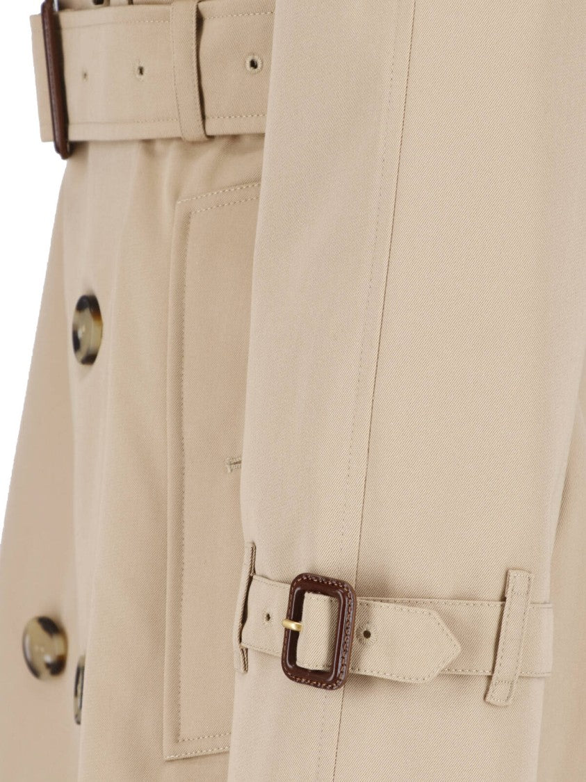 Burberry Beige Cotton Gabardine Double-Breasted Trench Coat With Waist Belt