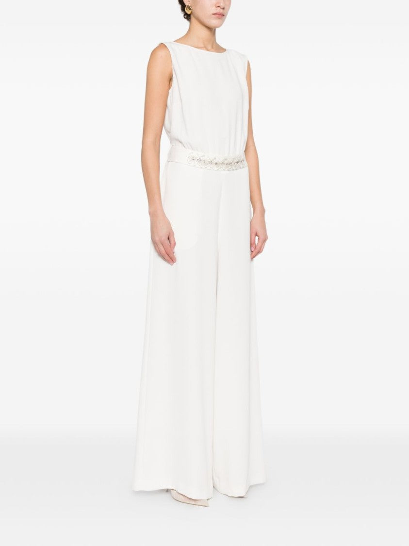 Parosh Sleeveless White Jumpsuit With Floral Embellishment