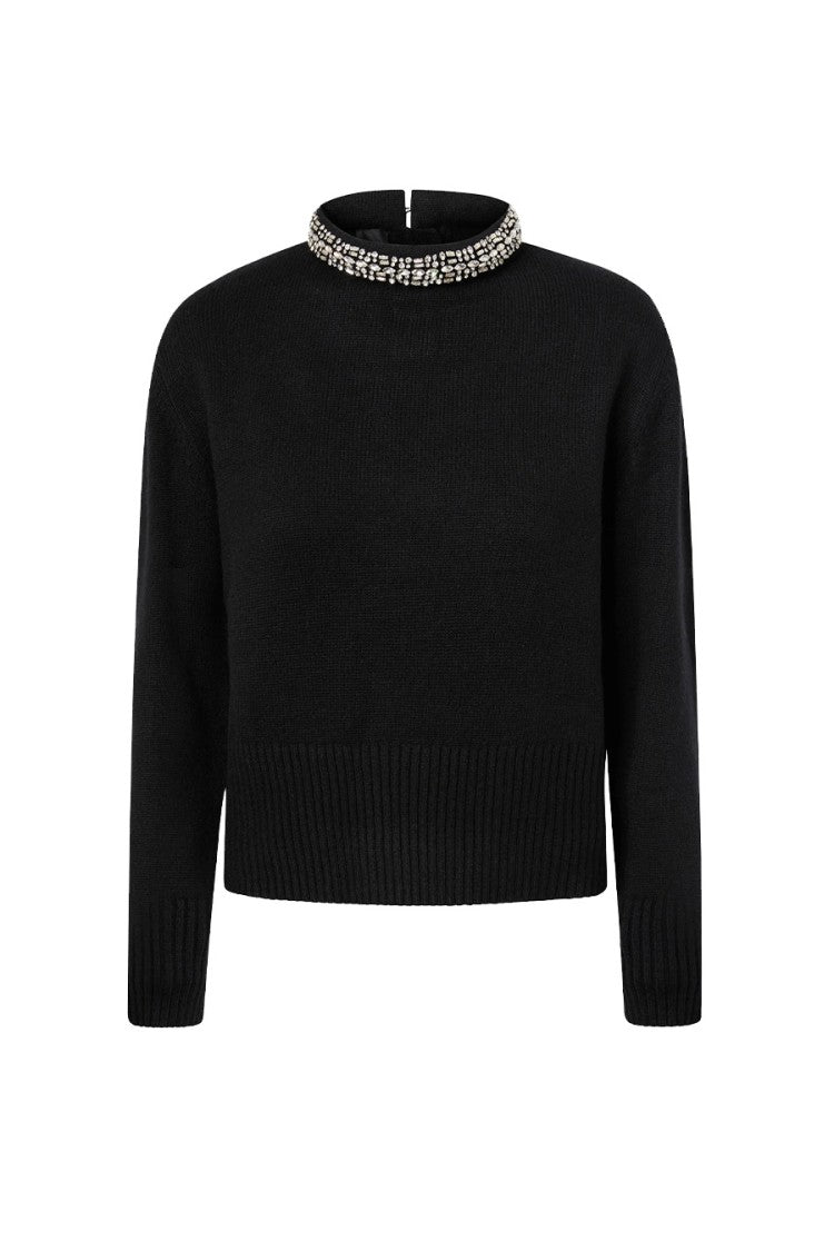 Pinko Black Crystal-Embellished Mock-Neck Sweater