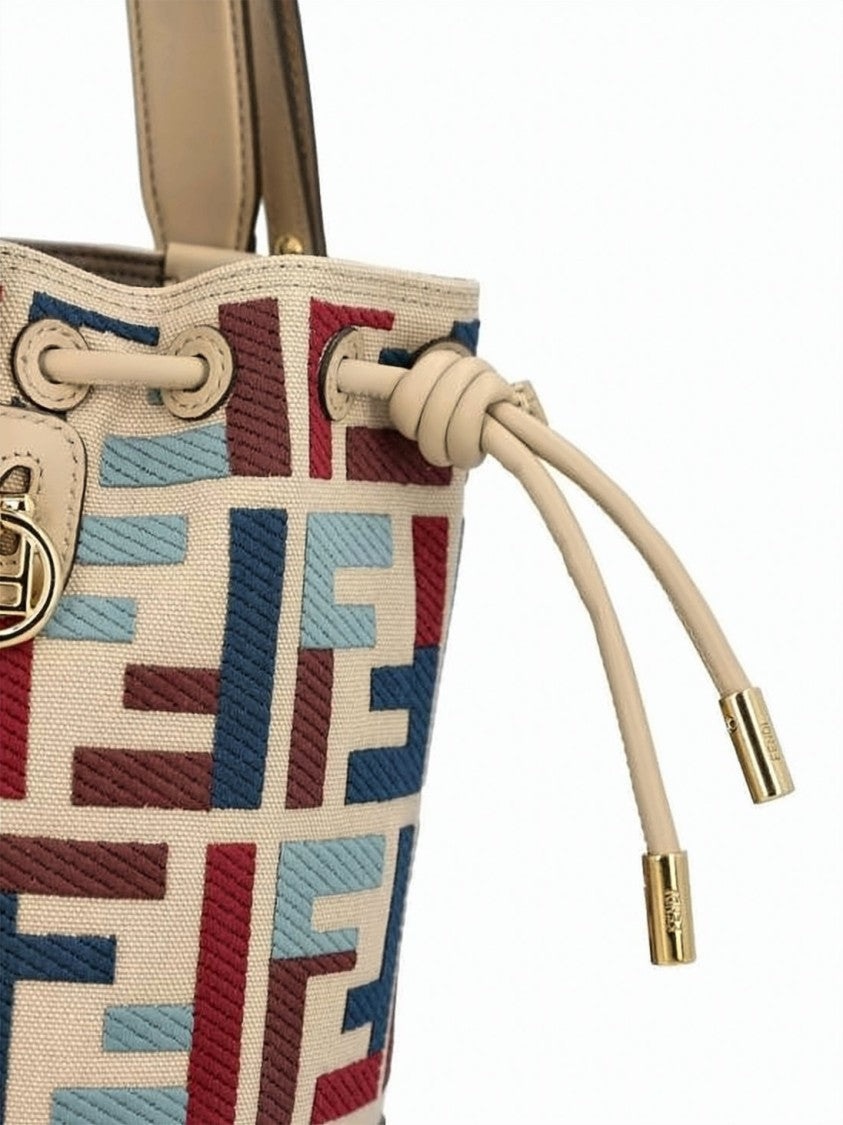Fendi Geometric Pattern Mini Bucket Bag With Drawstring Closure