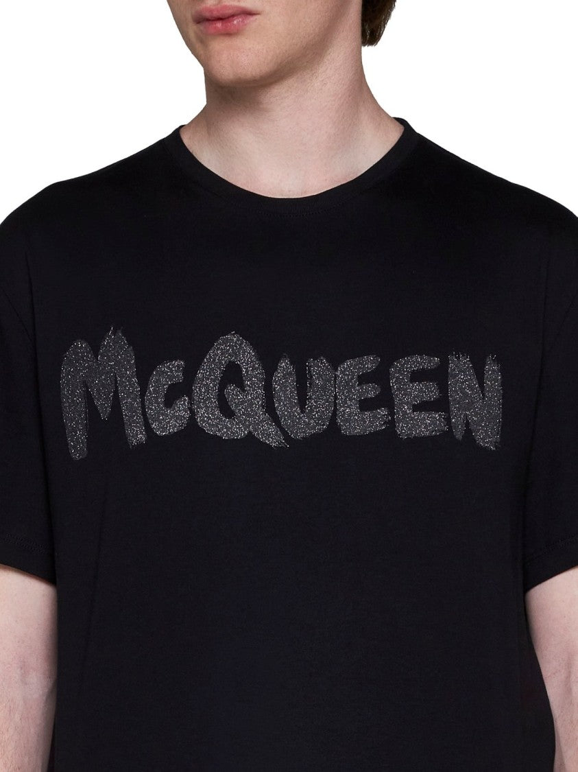 Alexander Mcqueen Distressed Graphic Black T-Shirt With Classic Crew Neckline