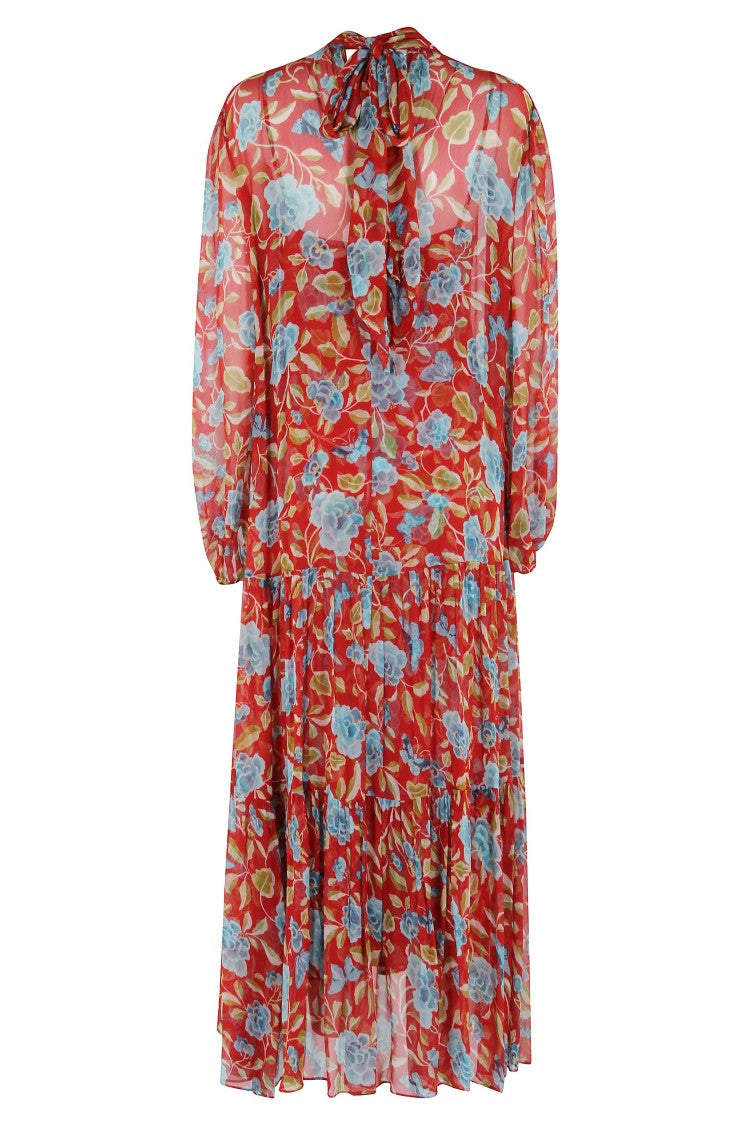 Rixo Tiered Floral Midi Dress With High Neckline