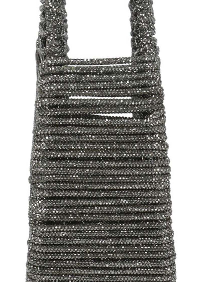 Hibourama Oval-Shaped Grey Hibourama Jewelry Bag With Woven Crystal Design