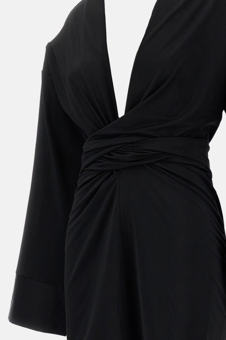 The Andamane Black Hall Fringe Sash Fluid Stretch Mini Dress