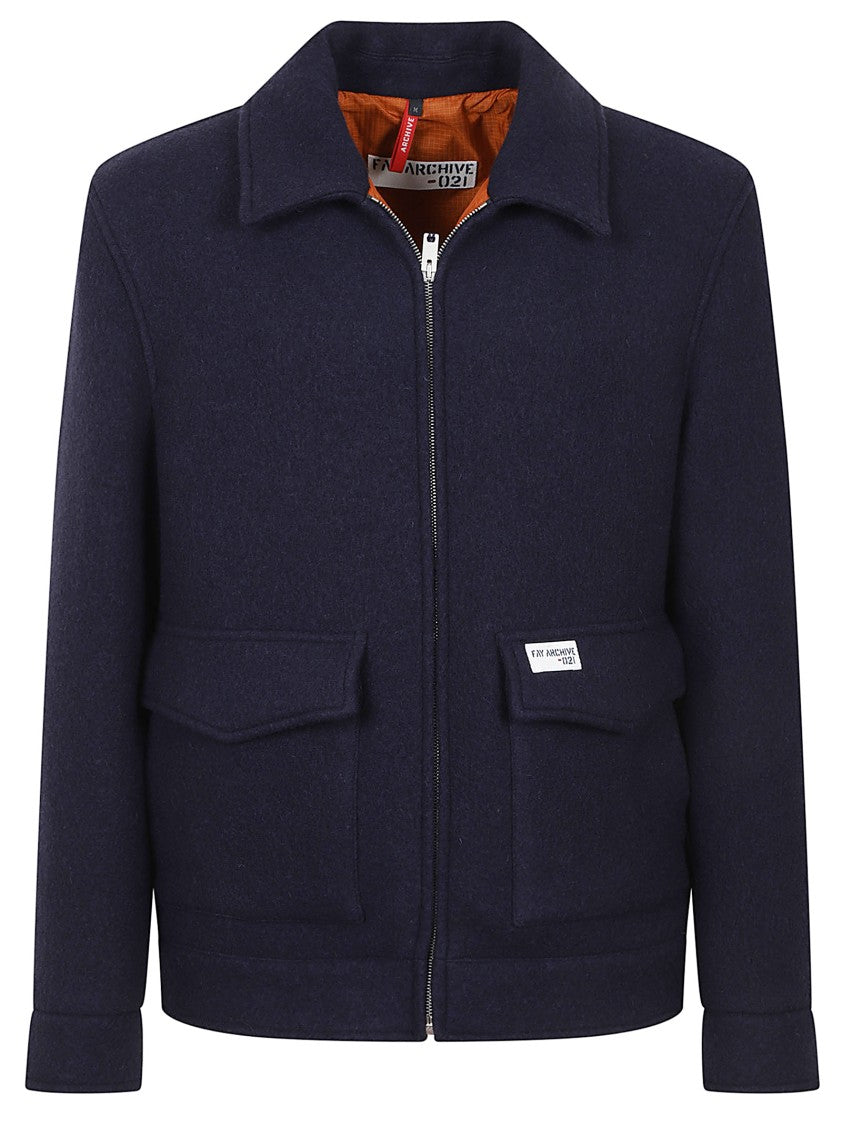 Fay Short Blue Wool Jacket With Zip Fastening And Iconic Logo
