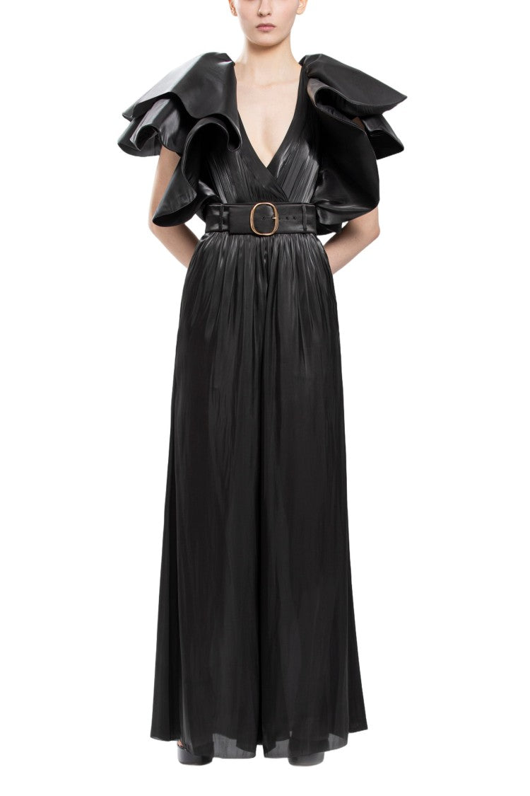 Saiid Kobeisy Deep V-Neck Ruffled Satin Bodysuit