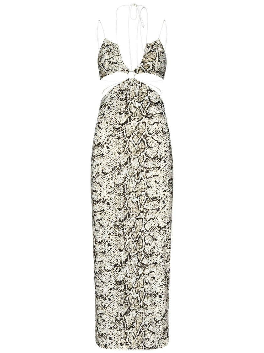 Amazuin Beige Python-Print Midi Dress With Cut-Outs