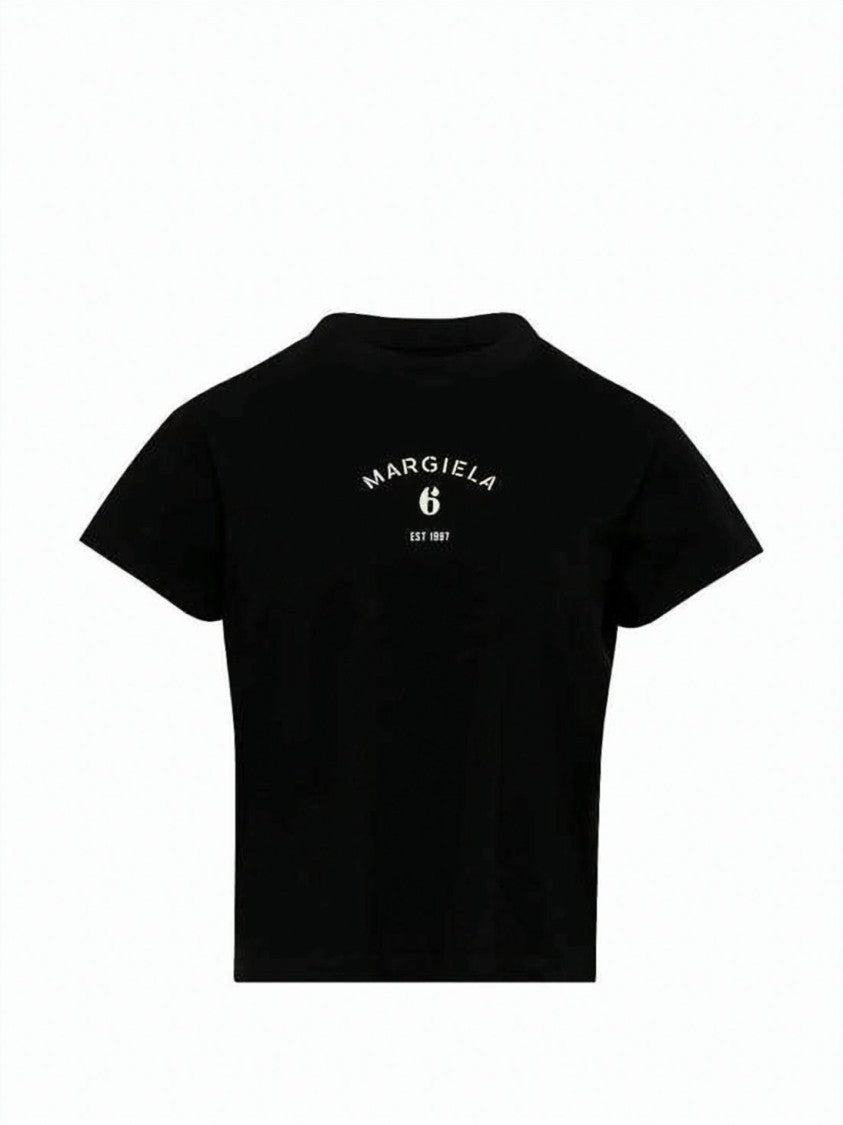 Mm6 By Maison Margiela Cropped Black T-Shirt With Front Print