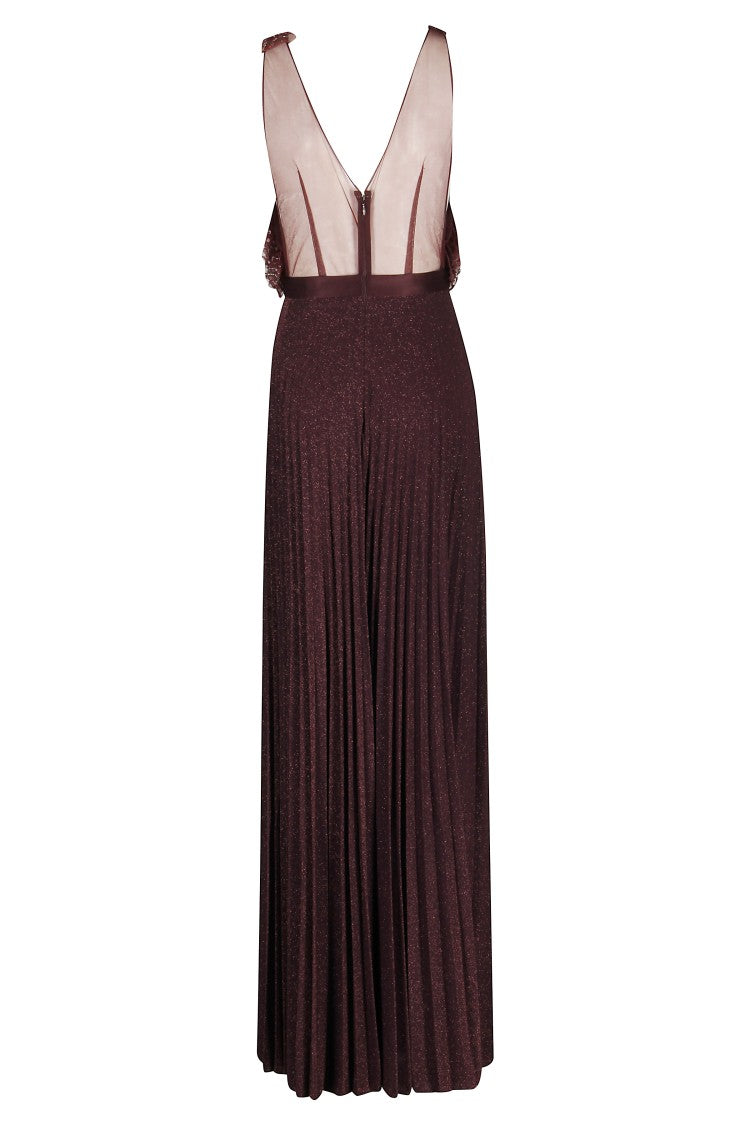 Elisabetta Franchi Merlot Plissé Maxi Dress With Sequin Rouches