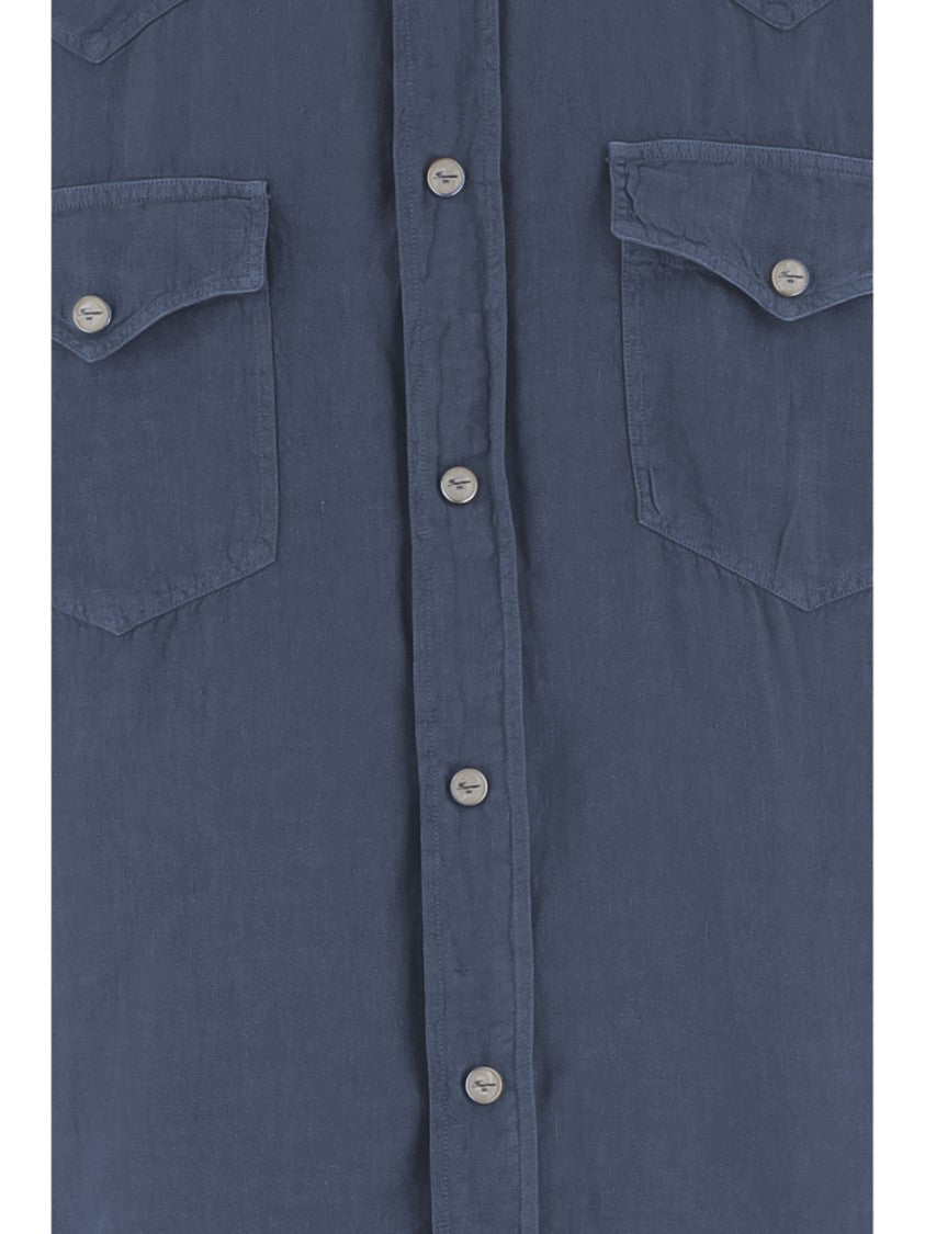 Finamore Navy Linen Shirt With Classic Collar And Adjustable Cuffs
