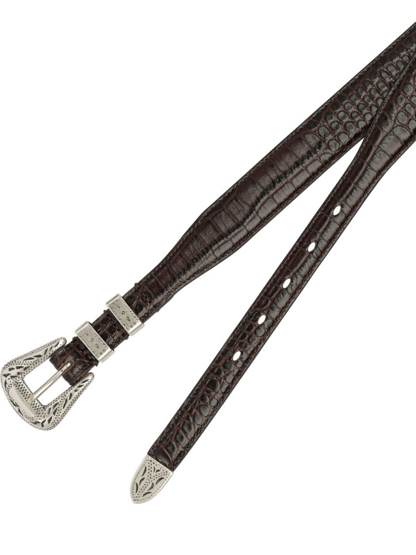 Adriano Meneghetti Crocodile-Textured Leather Belt With Silver-Toned Buckle
