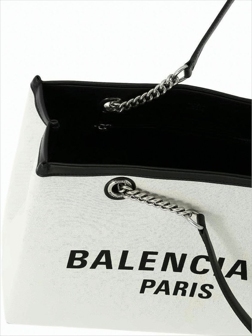 Balenciaga Canvas Tote Bag With Black Leather Trim And Chain Details