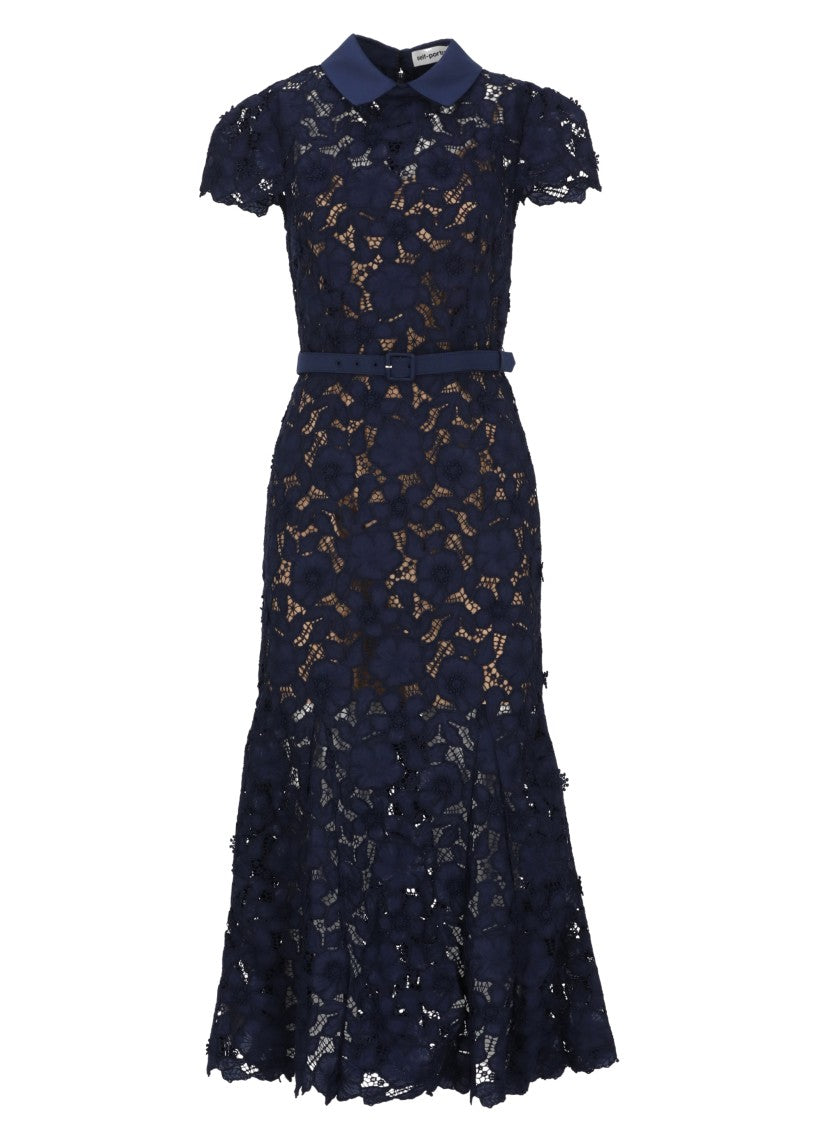 Self-Portrait Intricate Guipure Lace Midi Dress With Classic Collar