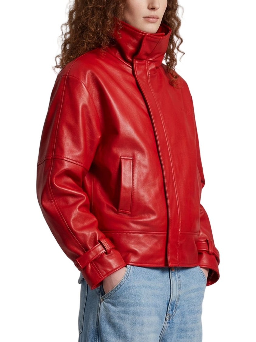 Balenciaga Round High Collar Lambskin Leather Bomber Jacket