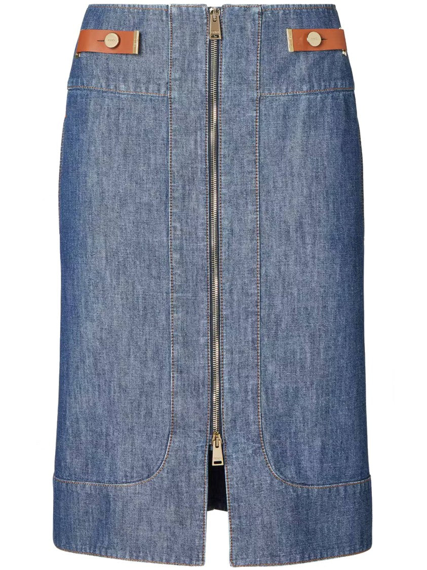 Fendi Straight-Cut Chambray Skirt With Front Zipper And Leather Accents