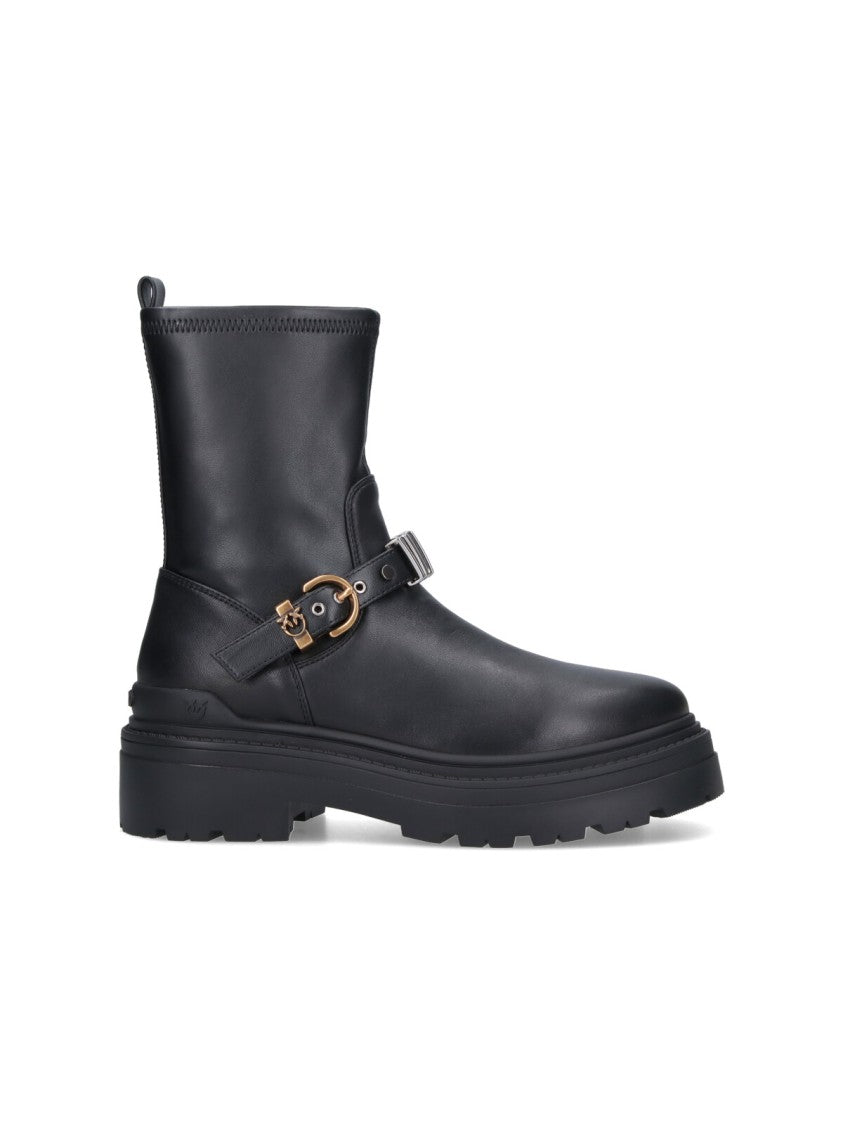 Pinko Rounded Toe Black Leather Ankle Boots With Front Strap